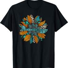 Country Western Sunflower Earth Tones Cowhide Teal T-Shirt - Black - View 6