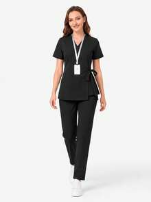 cimmuovere Top de blouse de travail à col en V et manches courtes avec deux poches pour femmes grandes tailles. Blouse de travail pour infirmière, dentiste, soins de santé, hôpital vétérinaire, laboratoire. Convient pour l'automne et le printemps. - Noir - Voir 1