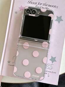 Fashion Full Screen Polka Dot Semi-Transparent Foldable Phone Case + Luxury 3D Tulip Heart Star Laser Bead Chain, Suitable For Samsung Galaxy Z Flip 8 ZFlip7 ZFlip 6 ZFlip5 Zflip4 Zflip 3 5G, Transparent Girly Style Shockproof Soft Back Shell With Lanyard - Baby Pink - View 3