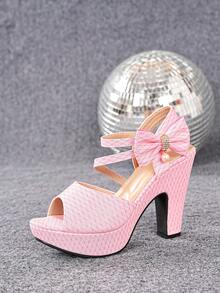 Women's Summer 2026 New Peep Toe High Heel Sandals With Bow, Chunky Heel Platform Sandals For Students, Plus Size - Pink - View 7
