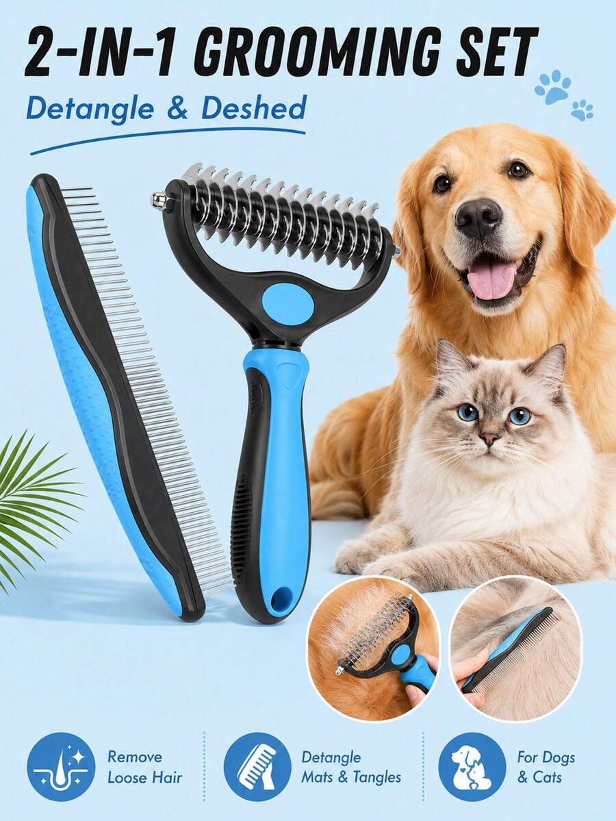 Pet Grooming Comb, Stainless Steel Undercoat Rake And Detangling Comb, Suitable For Cats And Dogs, Ergonomic Deshedding Tool, Removes Loose Hair, Mats And Knots, Summer Hair Care Essential - Multicolor - View 1