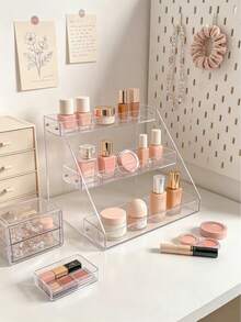 1 pieza Estante de almacenamiento de cosméticos de acrílico transparente multicapa, organizador de tocador de escritorio para cuidado de la piel, lápiz labial, sombra de ojos y perfume - transparente - Ver 2