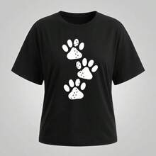 Women Crew Neck Short Sleeve T-Shirt, Pet Dog Paw Print Casual Loose Top - T恤 - 查看 9