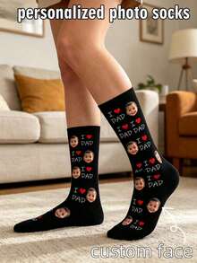 1 pieza Calcetines personalizados con foto para hombres, impresos con el texto "Amo a papá" y la cara del bebé, color negro, hechos de tela elástica suave y cómoda, adecuados para uso diario y como regalo personalizado para el Día del Padre - Negro - Ver 1