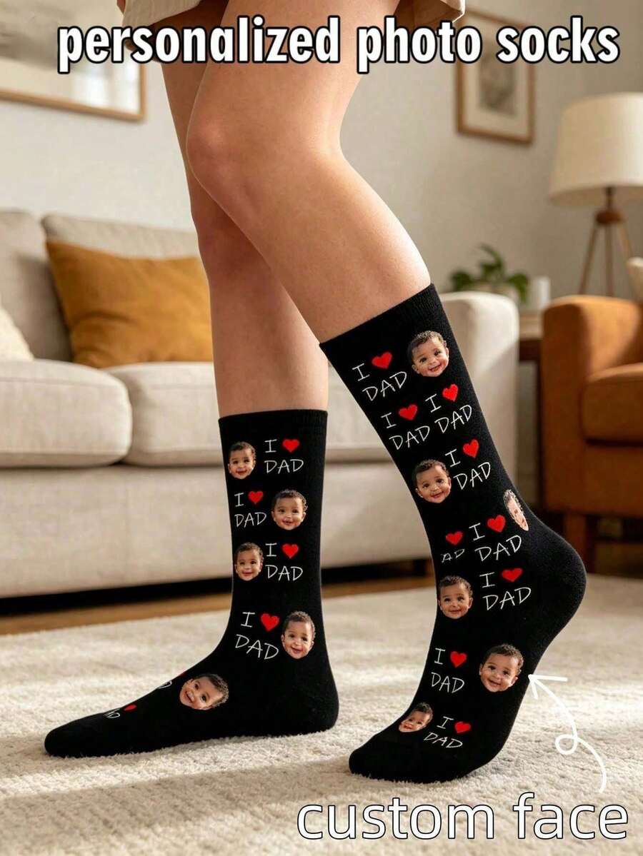 1 pieza Calcetines personalizados con foto para hombres, impresos con el texto "Amo a papá" y la cara del bebé, color negro, hechos de tela elástica suave y cómoda, adecuados para uso diario y como regalo personalizado para el Día del Padre - Negro - Ver 1