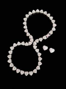 2 piezas/Set Collar de cadena con strass en forma de corazón de 10mm y un par de pendientes de corazón de circonita cúbica, collar de cadena de corazón estilo hip-hop para mujer y pendientes, collar clásico vintage punk de moda, conjunto de joyería de collar para mujer, adecuado para fiestas o uso diario, regalo del Día de San Valentín - Plateado - Ver 1