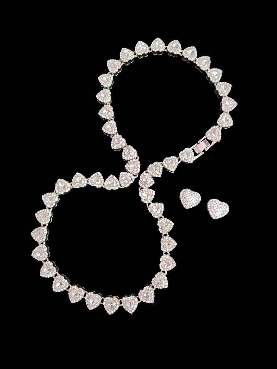 2 piezas/Set Collar de cadena con strass en forma de corazón de 10mm y un par de pendientes de corazón de circonita cúbica, collar de cadena de corazón estilo hip-hop para mujer y pendientes, collar clásico vintage punk de moda, conjunto de joyería de collar para mujer, adecuado para fiestas o uso diario, regalo del Día de San Valentín - Plateado - Ver 1