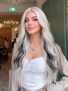 26 Inch Gradient Silver Black Wavy Synthetic Wig - Long Hair Style Without Bangs; Made Of Heat-Resistant Material, Featuring Fluid Water Wave Texture - Perfect For Shopping, Afternoon Tea With Friends, Birthday Parties, Music Festivals And Other Occasions - 挑染白色 - 查看 1