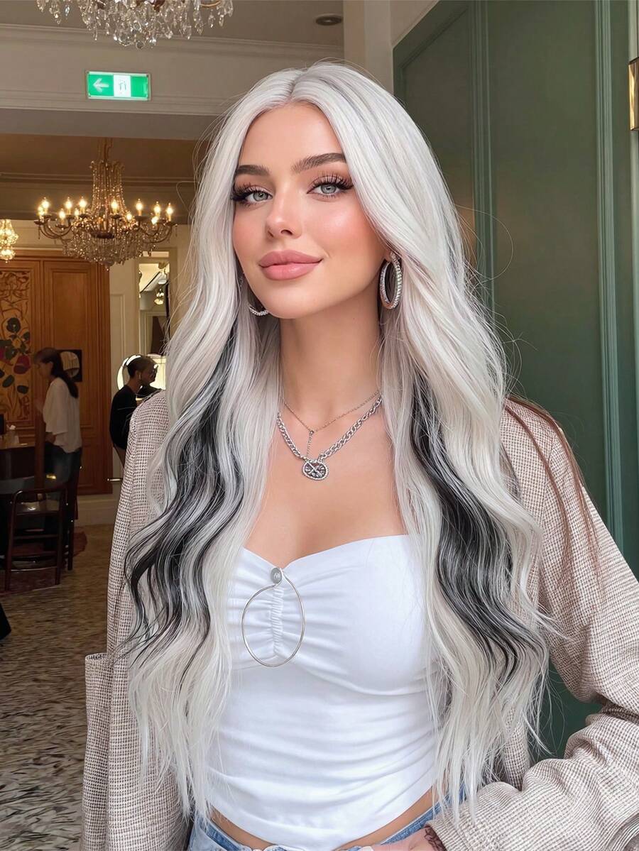 26 Inch Gradient Silver Black Wavy Synthetic Wig - Long Hair Style Without Bangs; Made Of Heat-Resistant Material, Featuring Fluid Water Wave Texture - Perfect For Shopping, Afternoon Tea With Friends, Birthday Parties, Music Festivals And Other Occasions - 挑染白色 - 查看 1