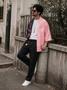 Men's Kimono Style Cardigan Shirt Sun Protection Top, Versatile Graffiti Print - Pink - View 2