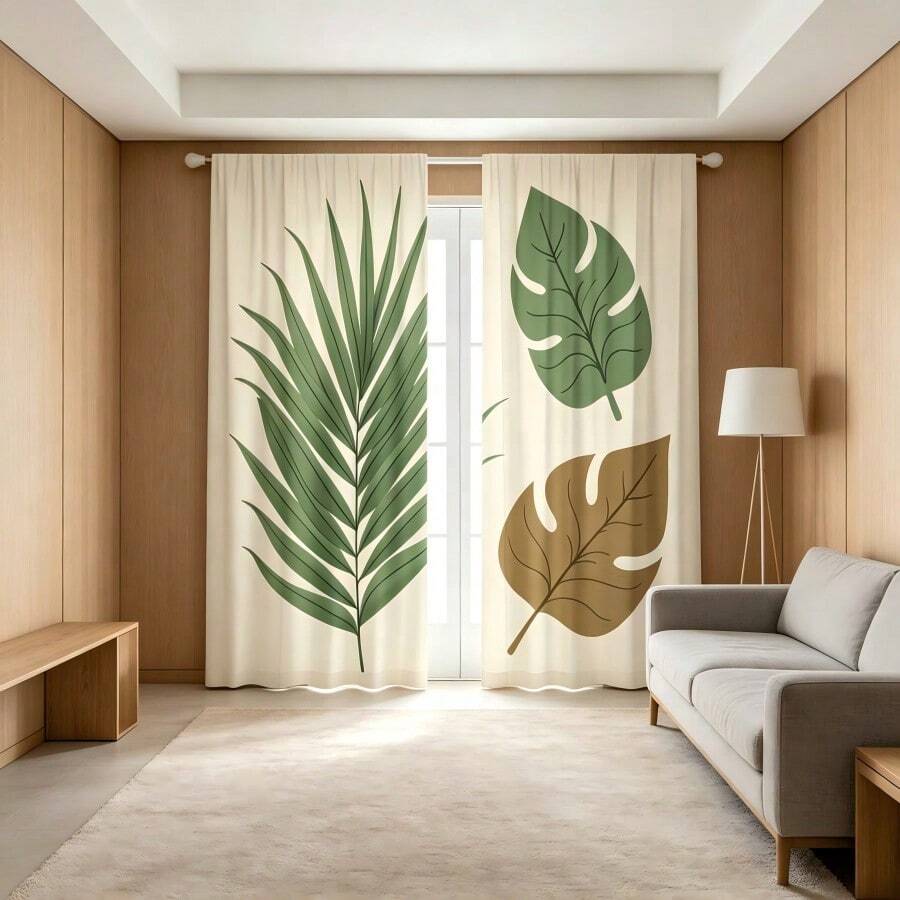 2pcs Asymmetric Plant Curtains, 2D Flat Print, Minimalist Brown & Green Tropical Leaf Design, Sheer, Polyester, Bohemian Vacation Style Rod Pocket Curtains, Suitable For Sunroom, Study, Tea Room, Cafe Commercial Space Window Decoration - Multicolor - View 1