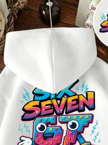 Tween Boy Letter Cartoon Print Long Sleeve Casual Hooded Sweatshirt - White - View 4