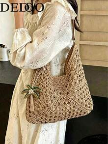 Dedoo Women's Crochet Bohemian Large Capacity Shoulder Bag, Beaded Coconut Tree Pattern, Leather Handle, Suitable For Summer (Random Pendant Hook) - Khaki - View 7