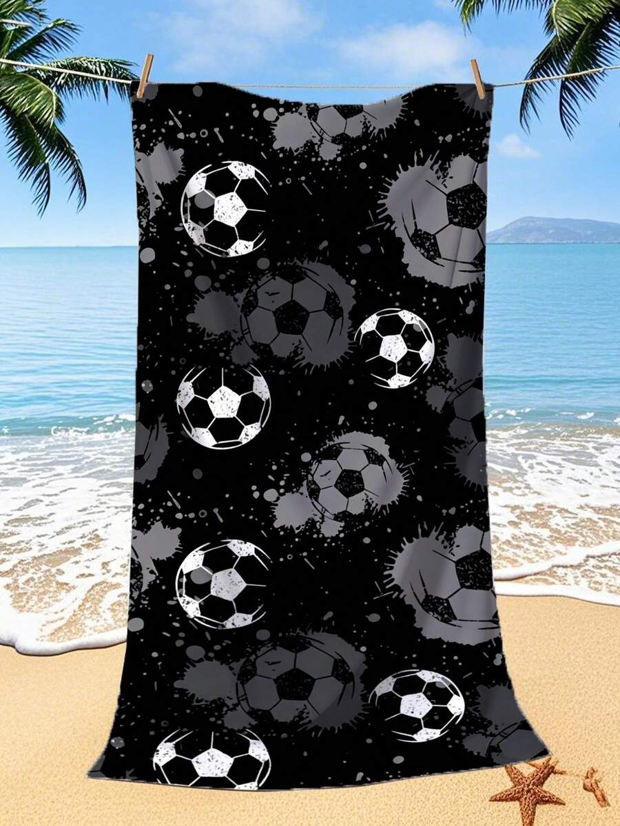 [Soft & Quick-Dry]250gsm Microfiber Beach Towel | 70*140cm/90*180cm Optional | Ink Splatter Football Pattern Print | High Absorbency Portable Swimming Towel, Bathroom Decor, Swim Towel, Beach Towel | Suitable For Summer Beach, Swimming, Travel, Camping, Fitness - Ink-stained Soccer Ball - View 1