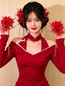 1个复古宫廷风波斯菊长流苏假发夹，适合女性日常、约会、派对佩戴，是送给爱人的理想礼物。 - 紅色 - 查看 1