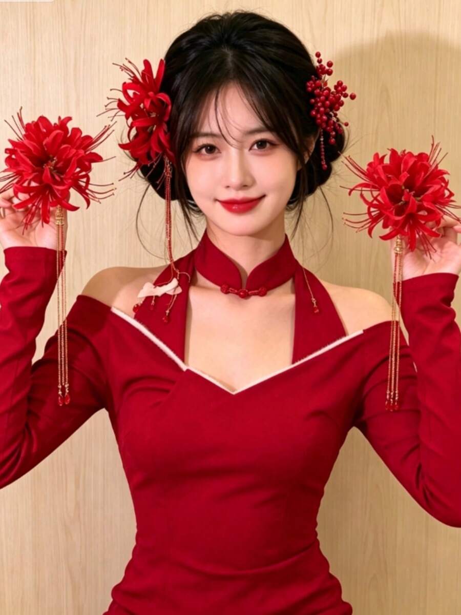 1个复古宫廷风波斯菊长流苏假发夹,适合女性日常、约会、派对佩戴,是送给爱人的理想礼物。 - 紅色 - 查看 1