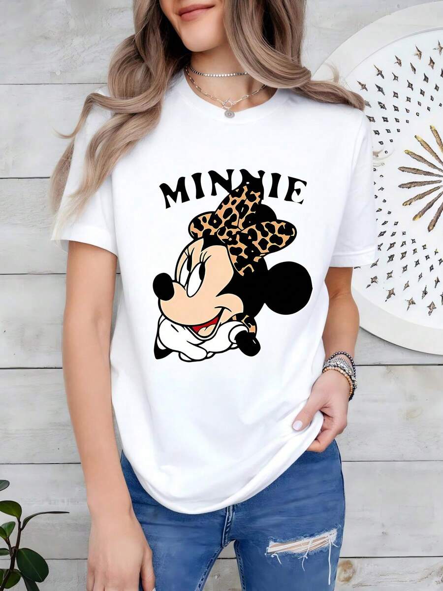 Disney Women's T-Shirt With Minnie Mouse Pattern, Round Neck, Casual, Short-Sleeved, Breathable And Comfortable, With Slight Elasticity, Easy To Care For, Suitable For Daily Wear. - White - View 1