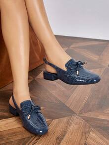 Women's Round Toe Bow Slingback Flat Shoes, Low Chunky Heel, Comfortable Navy Blue Backless Pumps For Commuting, Holidays And Vacations, Loafers - Navy Blue - View 2