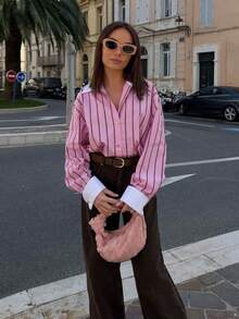 女款優雅條紋長袖單排扣襯衫 時尚基本款通勤辦公街頭休閒上衣 粉色 - 粉色 - 查看 3
