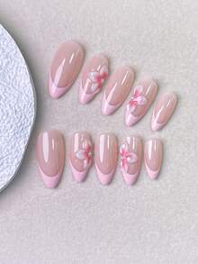 10 Pieces Of Handmade Press On Nails,Summer Nails,Sheer Nude Nails With Pastel Pink French Tips,Decorated With Gradient Pink 3D Flower Ornaments And Tiny Pearl Studs,Soft Sweet Romantic Style,Perfect For Daily Wear, Dates And Spring Bridal Occasions. - Pink - View 5