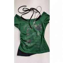 Camiseta de manga corta estilo punk subcultura vintage retro, de dos piezas simuladas, estilo americano dulce y picante, para mujer, corte ajustado. - c9042: Camiseta de dos piezas azul claro falsa - Ver 6