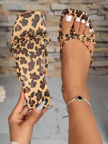 Women's Leopard Print Brown Square Toe Bow Thong Sandals With Multiple Thin Straps Flat Slippers Soft Flip Flops Minimalist Style Summer Beach Shoes Vacation Daily Commute Outdoor Wear - Rust Brown - View 2