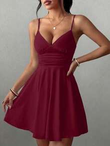 Adjustable Strap Waist Ruched Ruffle Hem A-Line Mini Dress, Sexy Fashion Versatile Daily Wear, Spring/Summer New Arrival Elegant, Vacationcore - Burgundy - View 5