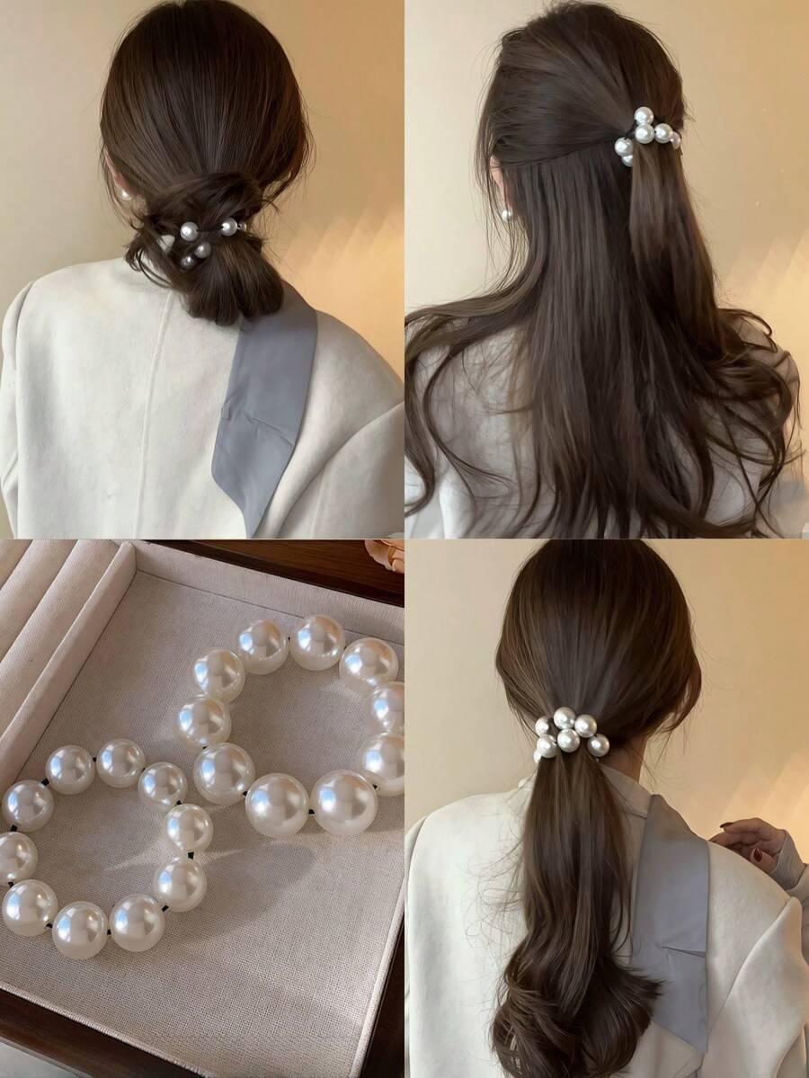 1 pieza de cuerda para el cabello con perlas grandes y pequeñas, blanca, versátil, estilo ballet - Blanco - Ver 1