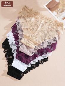 5pcs Plus Size Solid Color Floral Lace Print Scalloped Edge Comfortable Sexy Women's Triangle Panty Set, Suitable For Daily Wear And Special Occasions - Multicolor - View 3