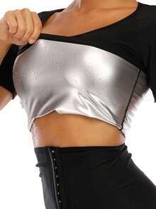 1pc Women's Sauna Short Sleeve Compression Shapewear T-Shirt, Sauna Sweat-Inducing Gym Fitness Workout Top Sports Fall - Silver - View 3