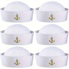 6pcs White Embroidered Sailor Hats, Suitable For Men And Women. Perfect For Theme Parties, Carnivals, Halloween, Cosplay, Costume Parties And More - 6 Embroidered Hats - View 7