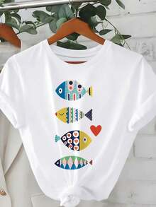 Plus Size Round Neck Short Sleeve T Shirt,Made With High-Elasticity Fabric,Printed With Colorful Fish Patterns,Casual White Summer Style. - 白色 - 查看 1