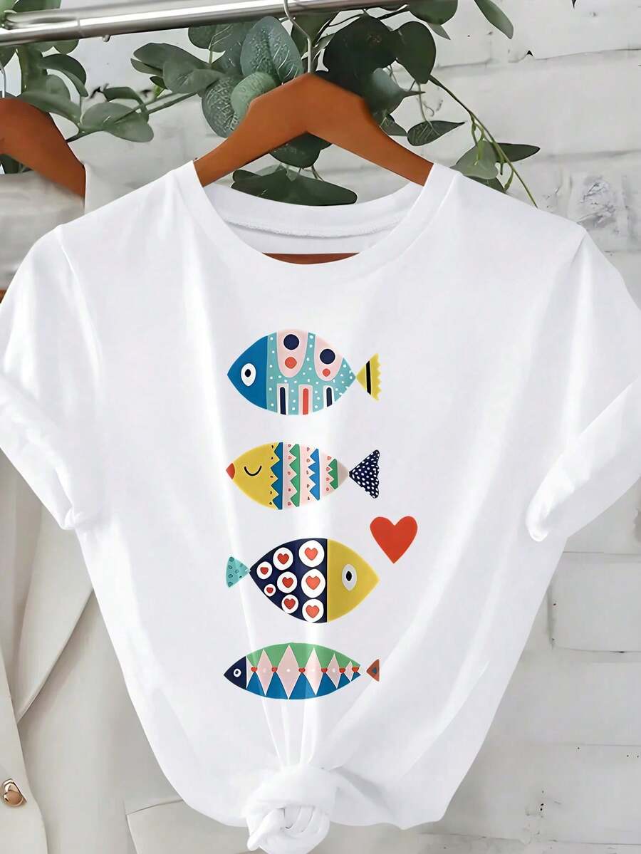 Plus Size Round Neck Short Sleeve T Shirt,Made With High-Elasticity Fabric,Printed With Colorful Fish Patterns,Casual White Summer Style. - 白色 - 查看 1