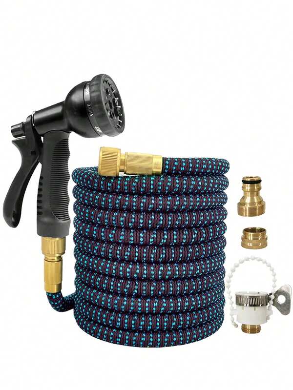 5pcs Expandable Garden Hose With 8-Function Adjustable Spray Nozzle, Metal Connector, Cleaning Car Wash Irrigation Supplies