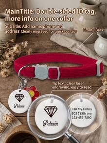 Personalized Soft Corduroy Pet Collar With Sounding Bell And Flower Pendant, Adjustable Buckle Cat Collar, Small Dog ID Tag With Customizable Name Phone Number, Engraved Stainless Steel Pet ID Name Pendants - Multicolor - View 3