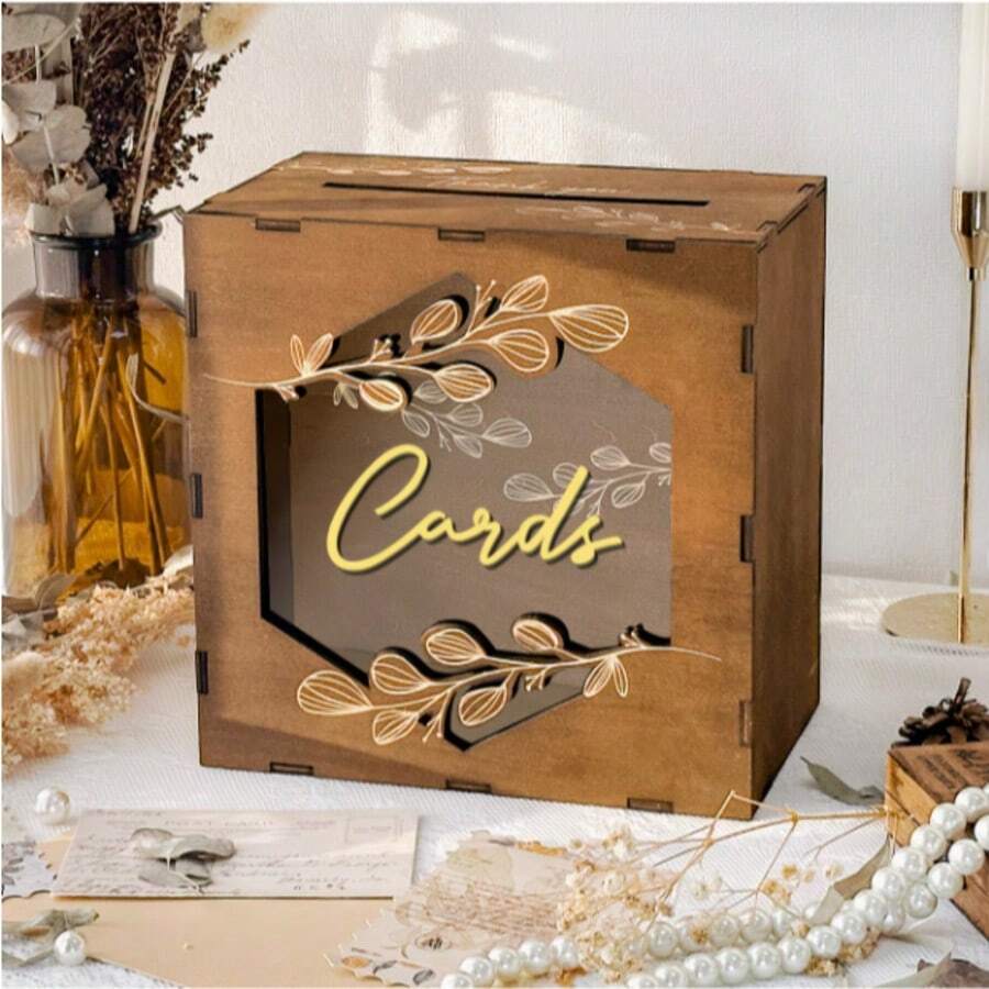 1pc Brown Card Box With Acrylic Window, Designed For Wedding Reception Gift Cards, Also Suitable For Birthday Party And Rustic Wedding Decor - 1PC - View 1