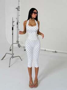 Sommer Polka Dot Anzug, Damen Einfach und Elegant Neckholder Top, Dreiviertel Hose Anzug, Geeignet für Sport, Fitness, Büro und Pendeln - Weiss - Übersicht 2