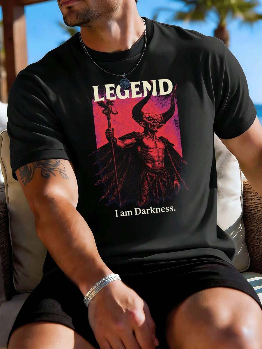 Legend Graphic Herren-T-Shirt Im Dunklen Stil, Hochwertiger Stoff, Bequeme Passform, Atmungsaktiv, L?Ssig, EI Nzigartiger Grafikdruck - 黑色 - 查看 1
