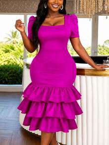 AOMEI Abito midi elegante e affascinante da donna con scollo quadrato, maniche corte a sbuffo, orlo con volant e balze, stile principessa, adatto per feste di compleanno, invitati a matrimoni, debutto in società, presentazioni aziendali, abito formale - Fucsia - Visualizzare 2