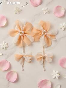 Handmade Fabric Earrings | Forest Green Petal Pearl Embellishment | Bohemian Style Dangle Earrings - Baby Pink - View 3