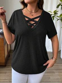 Talla Grande - Talla Grande - Camiseta Casual de Color Sólido con Cuello en V Cruzado y Mangas Cortas para Verano - Negro - Ver 5