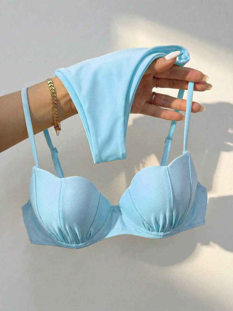 Bikinx Conjunto de bikini de mujer con copa en forma de concha de unicolor, tirantes finos y lazo en la espalda, adecuado para vacaciones en la playa en verano - Celeste - Ver 1