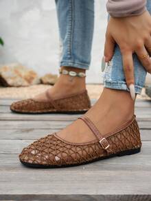 Sepatu Balet Jala Berongga Terbaru Musim Panas, Sepatu Datar Bernapas dengan Bagian Atas Rendah dan Ujung Persegi, Gesper, Serbaguna untuk Perjalanan Sehari-hari - Coklat - View 4