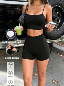 Aoqta Sports Women's Summer Casual Solid Color 2-Piece Set, Sleeveless Backless With Chest Pad Fitted Cropped Tank Top And High Waist Tight Shorts With Pockets, Suitable For Yoga, Running, Workout, Daily Wear - Black - View 1