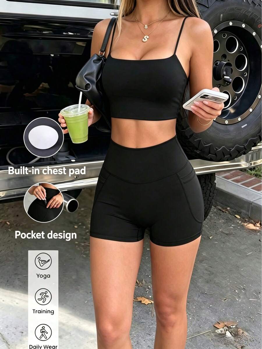 Aoqta Sports Women's Summer Casual Solid Color 2-Piece Set, Sleeveless Backless With Chest Pad Fitted Cropped Tank Top And High Waist Tight Shorts With Pockets, Suitable For Yoga, Running, Workout, Daily Wear - Black - View 1
