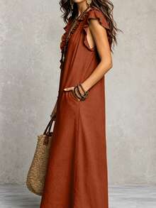 Vestido holgado de estilo vacacional con mezcla de algodón, volantes, cuello en V, manga larga y bolsillo - Color caoba - Ver 2