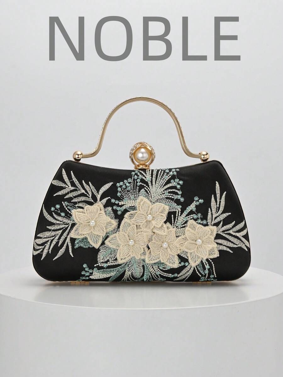 1件黑色刺繡花卉圖案單肩包，復古旗袍包，仙女手拿包，晚宴包，伴娘包，新娘包，方包，正式包，珍珠手拿包，亮片珠飾包，禮服包，鏈條單肩包