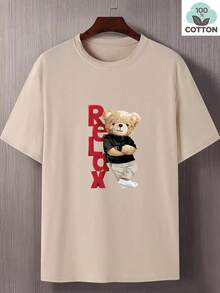 Camiseta informal de cuello redondo para hombre, 100% algodón, tejido de punto ligeramente elástico, ajuste regular, 180 g, camiseta gráfica de oso de peluche relajado, talla grande. - Blanco - Ver 11