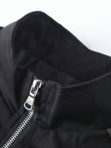 Men's Black & Brown Colorblock Racing Style Stand Collar Jacket, Number & Letter Zipper Loose Streetwear Outerwear, Versatile Casual Jacket - Black - View 3