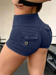 Celana Pendek Olahraga Wanita Pinggang Tinggi Elastis Pengangkat Pelangsing Musim Panas - Navy Blue - View 5